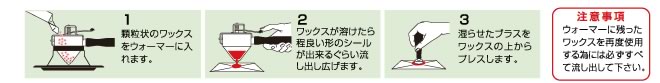 ウォーマーの使い方説明図:1.顆粒状ワックスをウォーマーに入れます2.溶けたらシールが出来るくらい流しだし広げます3.湿らせたプラスをワックスの上からプレスします
