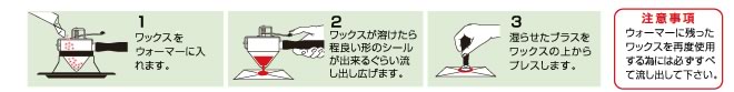 ウォーマーの使い方説明図:1.顆粒状ワックスをウォーマーに入れます2.溶けたらシールが出来るくらい流しだし広げます3.湿らせたプラスをワックスの上からプレスします
